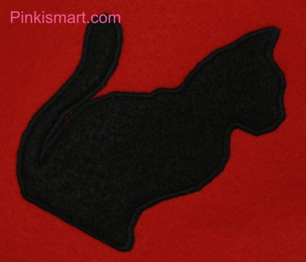 Cat Christmas Stocking Red with Black Applique Close-up Published