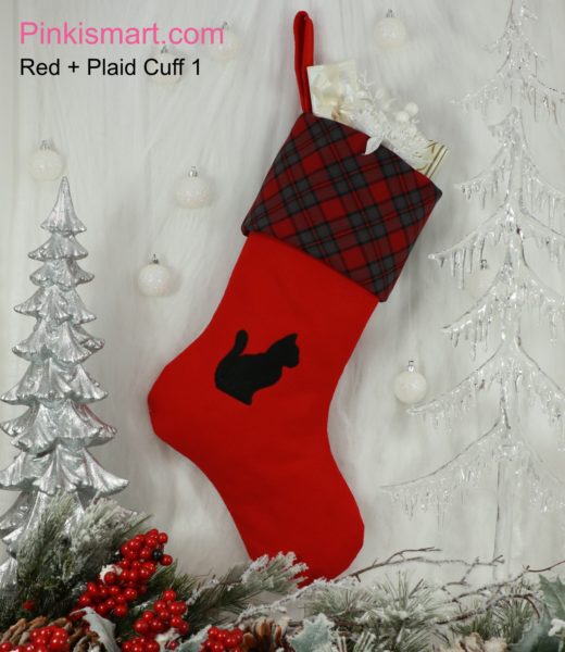 Cat Christmas Stocking Red with Black Applique and Plaid Cuff 1 Published