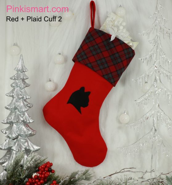 Cat Christmas Stocking Red with Black Head Applique and Red Plaid Cuff 2 Published