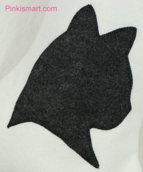 Cat Christmas Stocking White with Dark Grey Applique Close-up Published