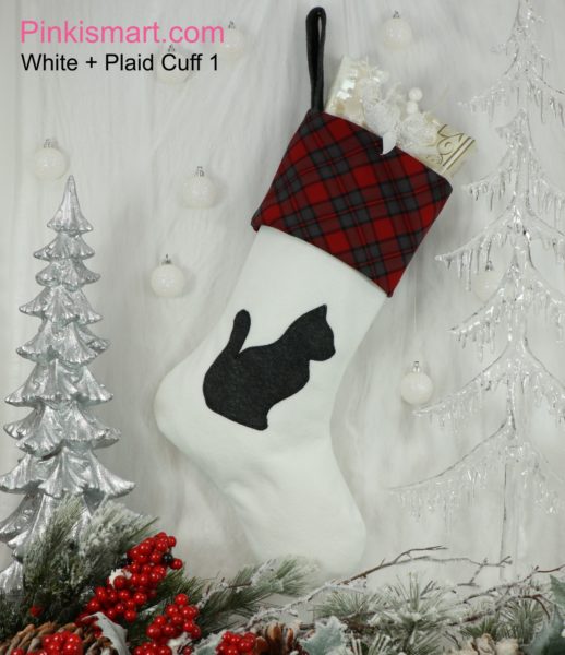 Cat Christmas Stocking White with Dark Grey Applique Red Plaid Cuff Published