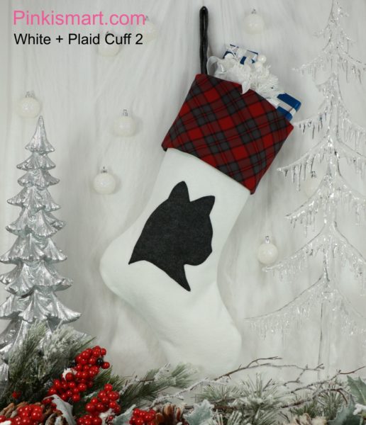 Cat Christmas Stocking White with Dark Grey Applique and Plaid Cuff Published