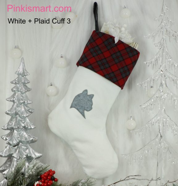 Cat Christmas Stocking White with Grey Head App Red Plaid Cuff 3 Published