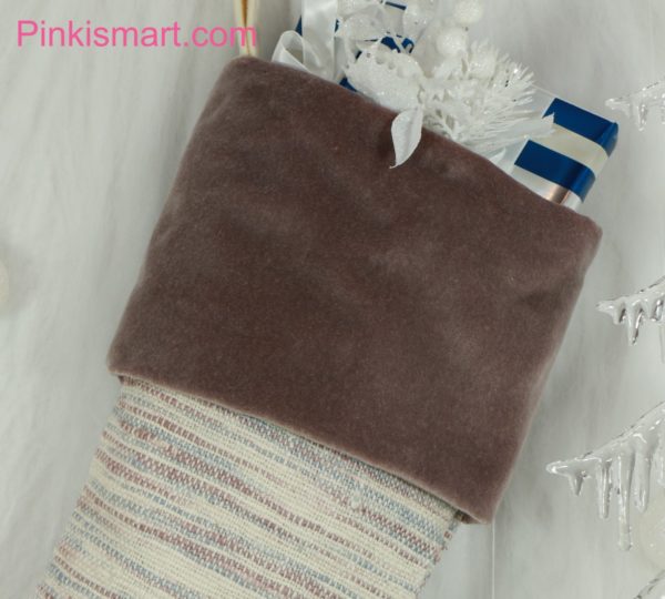 Christmas Stocking with Raw Silk Fabric and Mauve Velvet Cuff Close-up Published