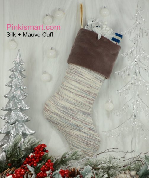 Christmas Stocking with Raw Silk Fabric and Mauve Velvet Cuff Published