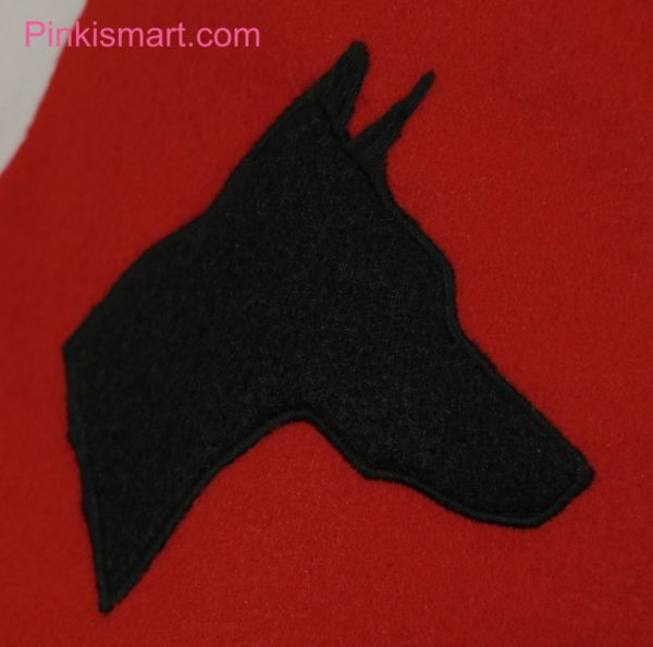 Doberman Dog Christmas Stocking Red with Black Applique Close-up Published