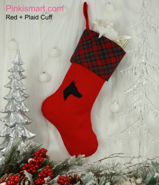 Doberman Dog Christmas Stocking Red with Black Applique and Plaid Cuff Published