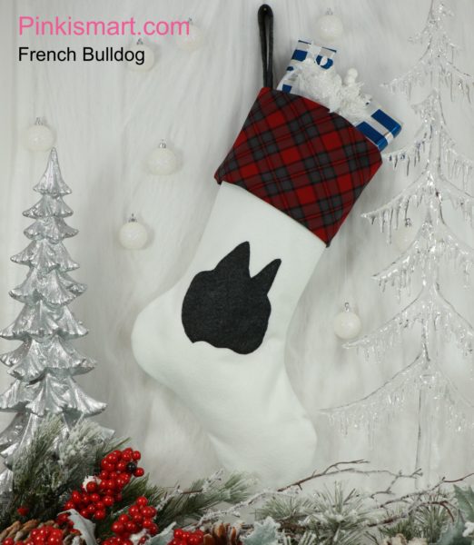 French Bulldog Christmas Stocking White with Dark Grey Applique and Plaid Cuff Published