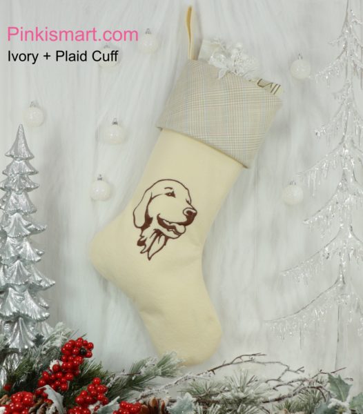 Golden Retriever Christmas Stocking Ivory with Brown Embroidery and Plaid Cuff Published