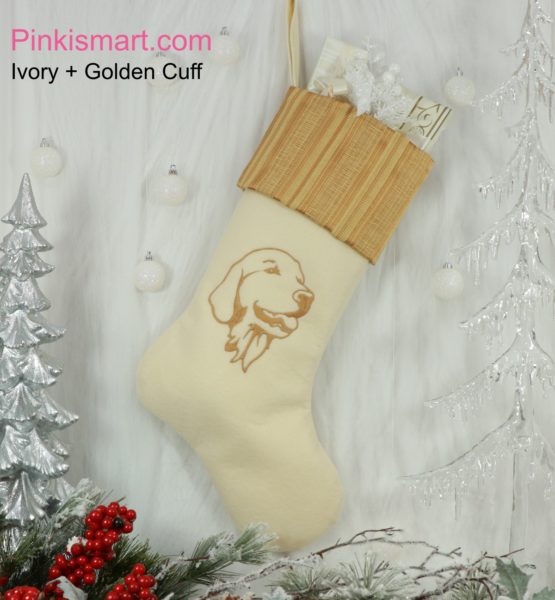 Golden Retriever Christmas Stocking Ivory with Golden Cuff and Golden Embroidery Published