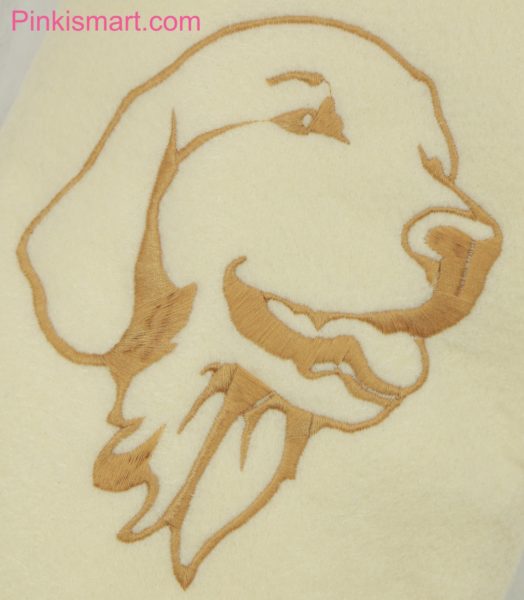 Golden Retriever Christmas Stocking Ivory with Golden Embroidery Close-up Published