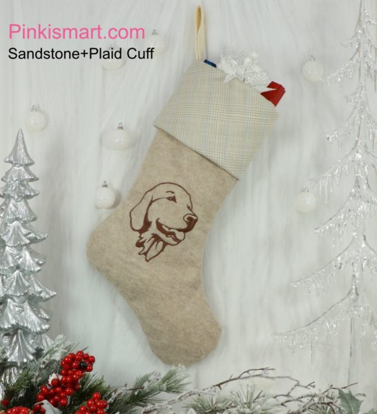 Golden Retriever Christmas Stocking Sandstone with Brown Embroidery and Plaid Cuff Published