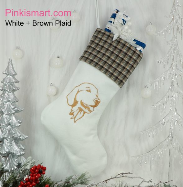 Golden Retriever Christmas Stocking White with Golden Embroidery and Brown Plaid Cuff Published