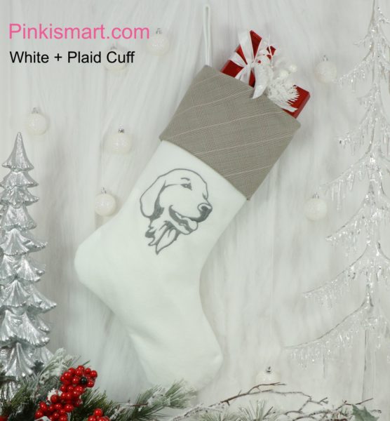 Golden Retriever Christmas Stocking White with Grey Embroidery and Plaid Cuff Published