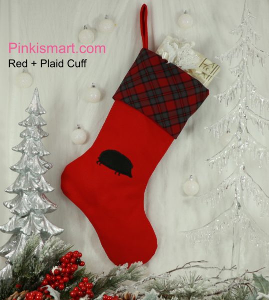 Hedgehog Christmas Stocking Red with Black Applique and Red Plaid Cuff Published