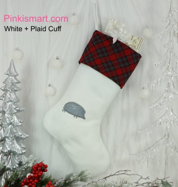 Hedgehog Christmas Stocking White with Grey Embroidered Applique and Red Plaid Cuff Published