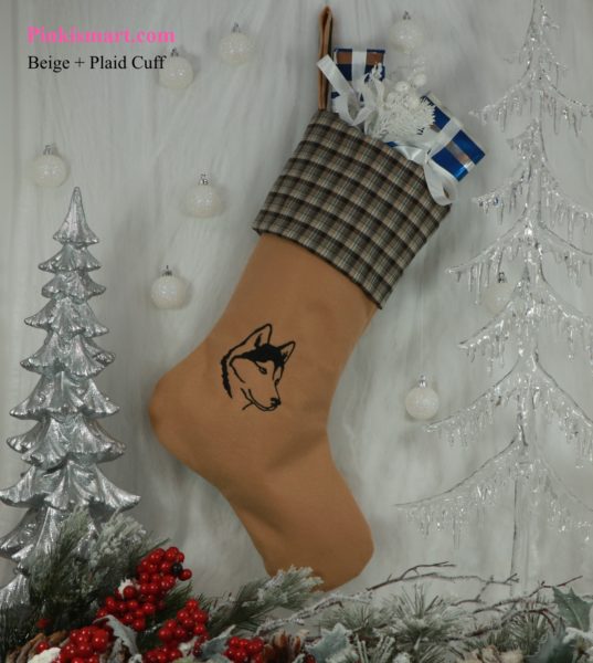 Husky Christmas Stocking Beige With Black Embroidery and Plaid Suiting Fabric Cuff Published