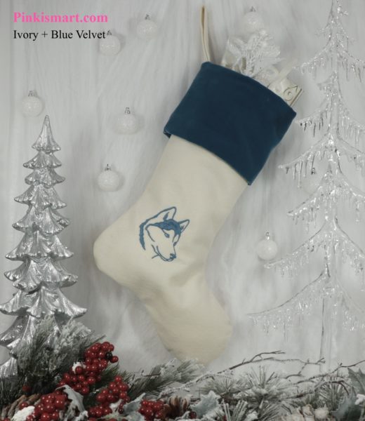 Husky Christmas Stocking Ivory with Blue Embroidery and Velvet Cuff Published