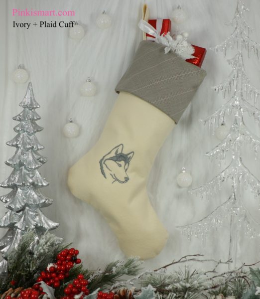 Husky Christmas Stocking Ivory with Grey Embroidery and Plaid Suiting Fabric Cuff Published