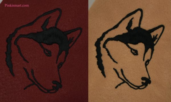 Husky Christmas Stocking Maroon and Beige with Black Embroidery Close-up Published