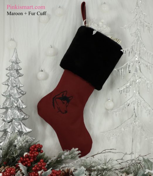 Husky Christmas Stocking Maroon with Black Embroidery and Black Fur Cuff Published