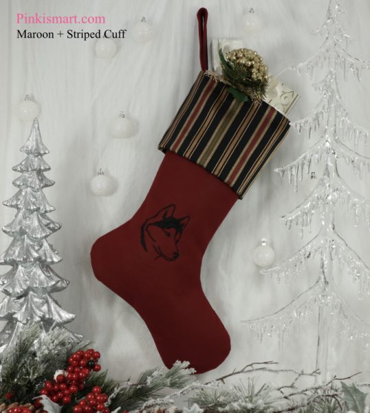 Husky Christmas Stocking Maroon with Black Embroidery and Striped Upholstery Fabric Cuff Published