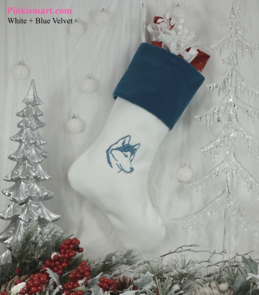 Husky Christmas Stocking White With Blue Embroidery and Blue Velvet Cuff Published