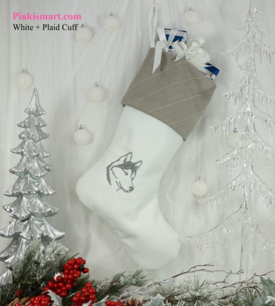 Husky Christmas Stocking White With Grey Embroidery and Plaid Suiting Fabric Cuff Published