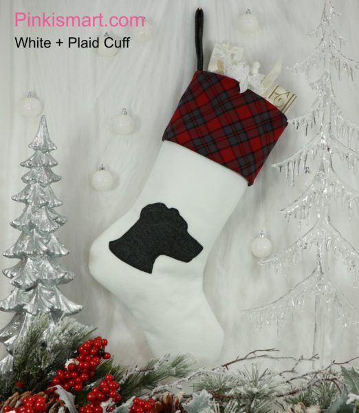 Labrador Dog Christmas Stocking White with Dark Grey Applique Plaid Cuff Published