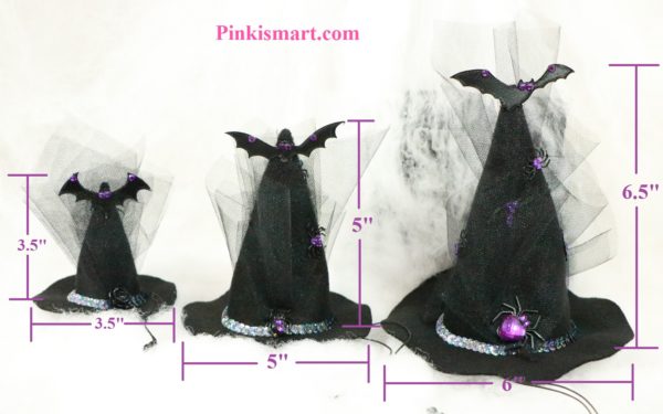 Pet Clothes Halloween Witch Hat Bat Theme Published 3 Hats Front With Dimensions