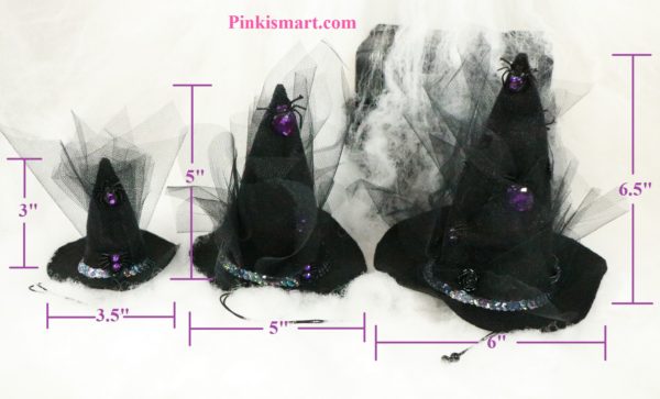Pet Clothes Halloween Witch Hat Spider Theme Published 3 Hats Front with Dimensions