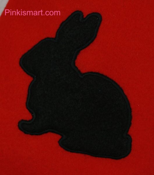 Rabbit Christmas Stocking Red with Black Applique 3 Close-up Published