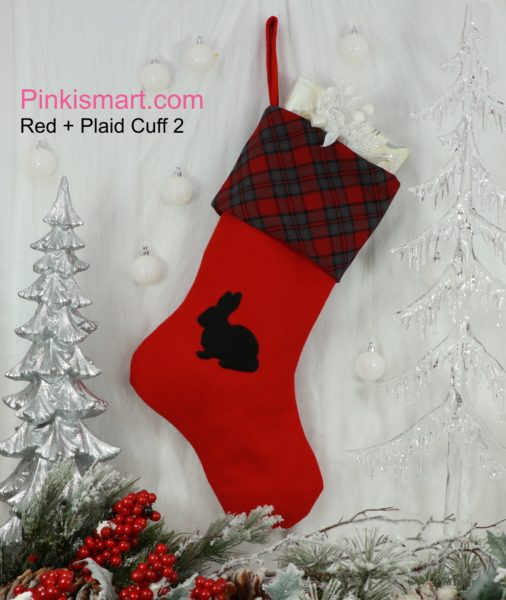 Rabbit Christmas Stocking Red with Black Applique 3 and Red Plaid Cuff Published