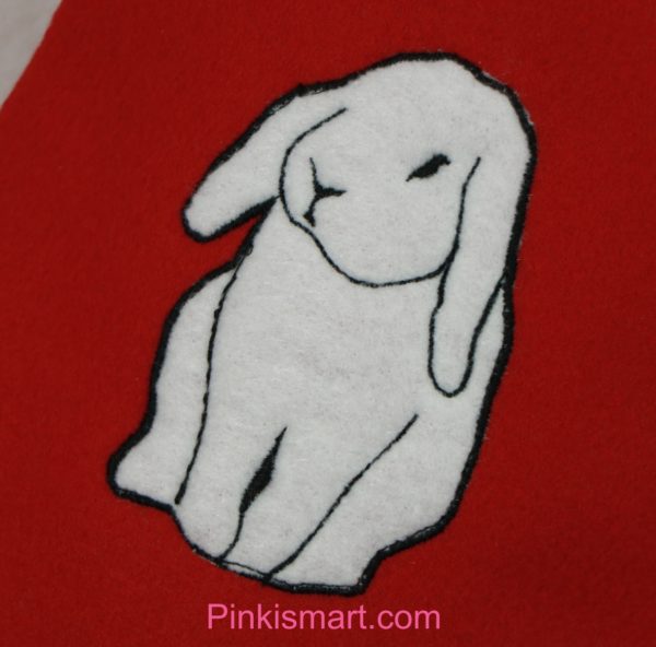 Rabbit Christmas Stocking Red with White Rabbit Applique Close-up Published