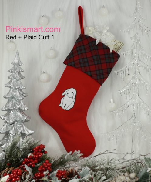 Rabbit Christmas Stocking Red with White Rabbit Applique Plaid Cuff Published