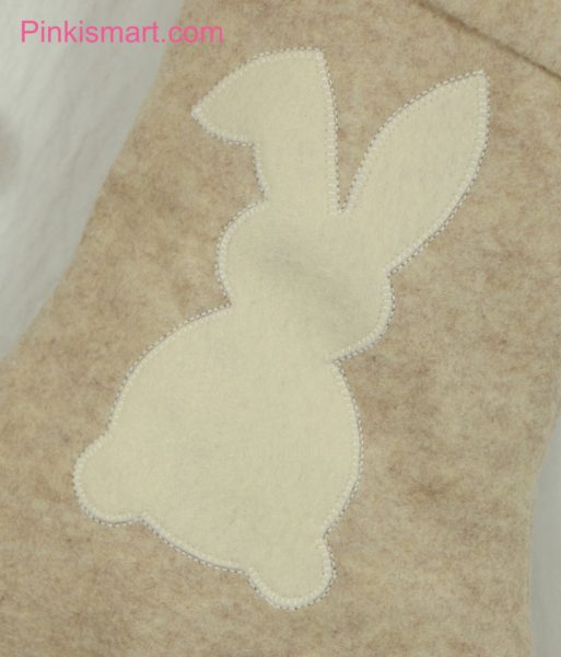 Rabbit Christmas Stocking Sandstone with Ivory Applique 1 Close-up Published