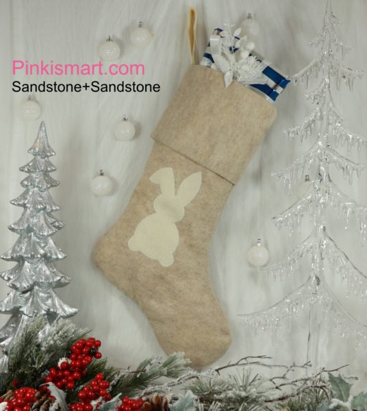 Rabbit Christmas Stocking Sandstone with Ivory Applique 1 Sandstone Cuff Published