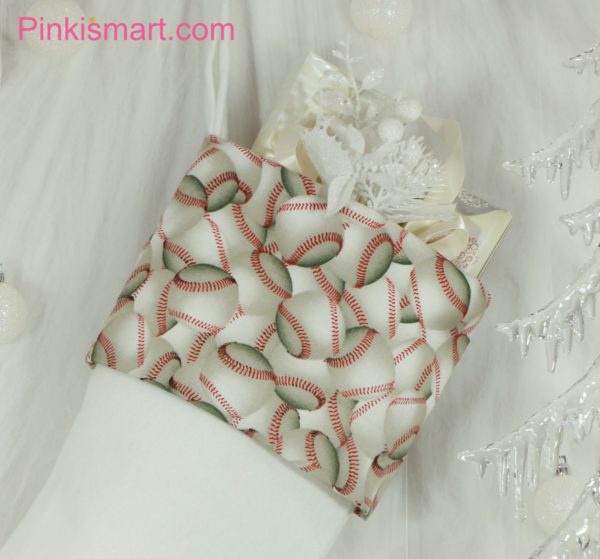 Baseball Christmas Stocking White Felt with Baseball Cuff Close-up Published