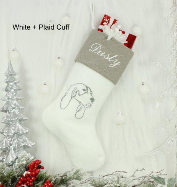 Bluetick Coonhound Christmas Stocking White with Grey Embroidery and Grey Cuff Published