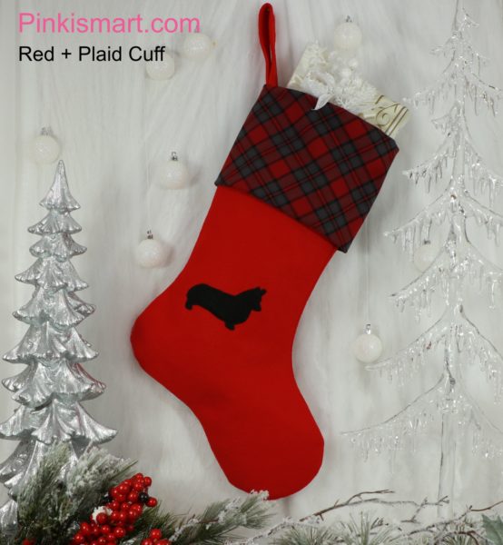 Corgi Christmas Stocking Red with Black Applique and Red Plaid Cuff Published