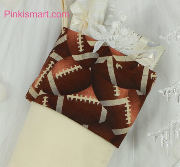 Football Christmas Stocking Ivory Felt with Football Cuff Close-up Published