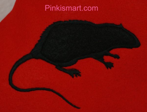 Rat Christmas Stocking Red with Black Embroidered Applique Close-up Published